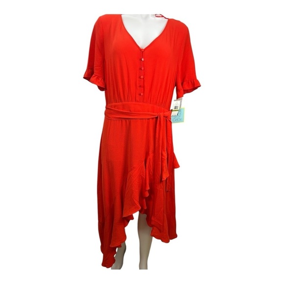 $139 CECE NEW Women’s Red Ruffled-Sleeve Cascading Belted Fit & Flare Dress 14 - Picture 2 of 16